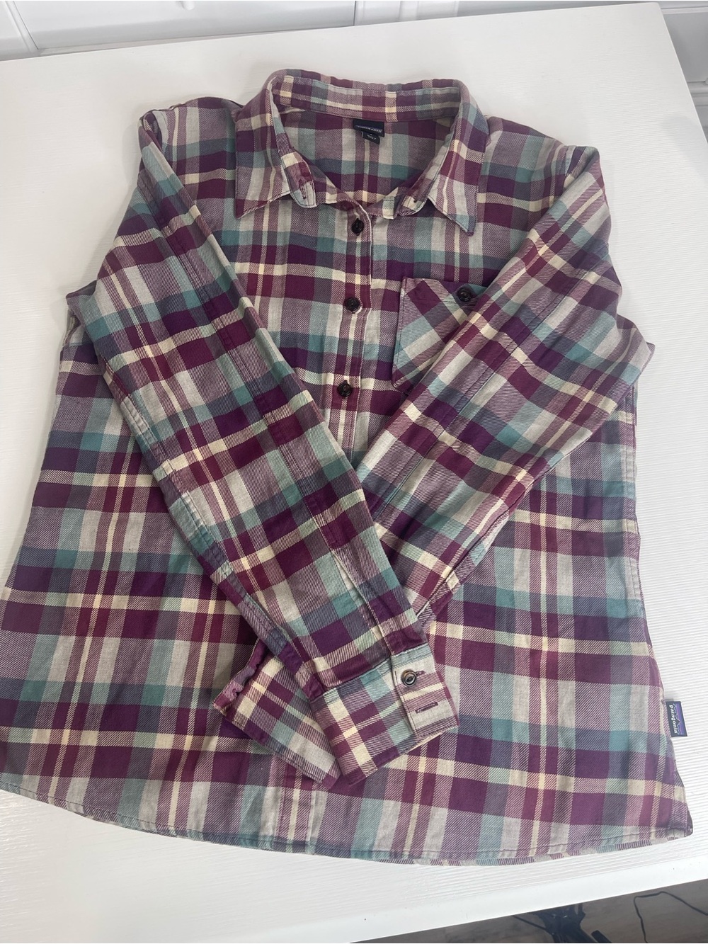 Patagonia Plaid Button-Down Shirt in Purple, Teal and Cream